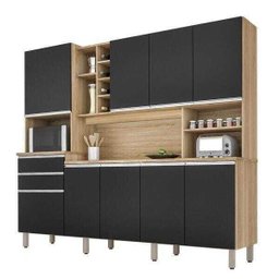 Cozinha Compacta com Armários, Balcões, Nichos e Adega Barcelona Nature Preto - 1 Cozinha Compacta com Armários, Balcões, Nichos e Adega Barcelona Nature Preto - 1