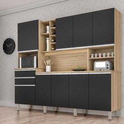 Cozinha Compacta com Armários, Balcões, Nichos e Adega Barcelona Nature Preto - 2 Cozinha Compacta com Armários, Balcões, Nichos e Adega Barcelona Nature Preto - 2