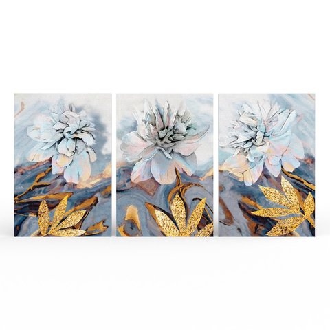 Kit 3 Quadros Retangulares - Flores Azuis Detalhes Dourados