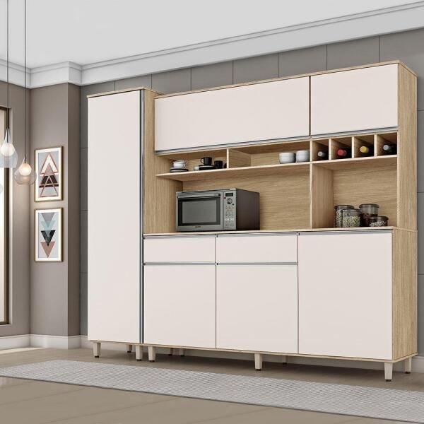 Cozinha compacta com paneleiro, armários, balcões, nichos e adega Brasil Nature Off White - 2