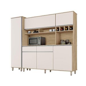 Cozinha compacta com paneleiro, armários, balcões, nichos e adega Brasil Nature Off White