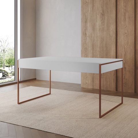 Mesa Industrial de Jantar Branca 137x90cm Retangular Filadélfia Base Ferro Cobre