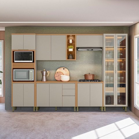 Cozinha Completa Modulada 6 Peças com Torre Quente e Cristaleira Allure Marrom/Jequitibá/Gris Fosco