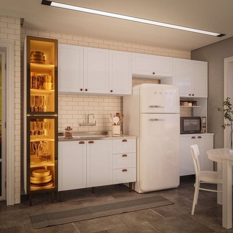 Cozinha Completa Modulada 320cm com Tampo e Cristaleira 5 Peças Pérola Yescasa