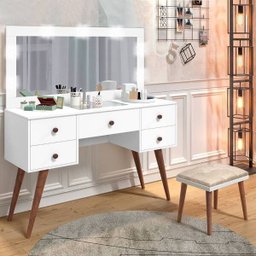 Penteadeira Camarim Retrô com espelho, led, porta objetos e banqueta Nevada Branco - 1 Penteadeira Camarim Retrô com espelho, led, porta objetos e banqueta Nevada Branco - 1