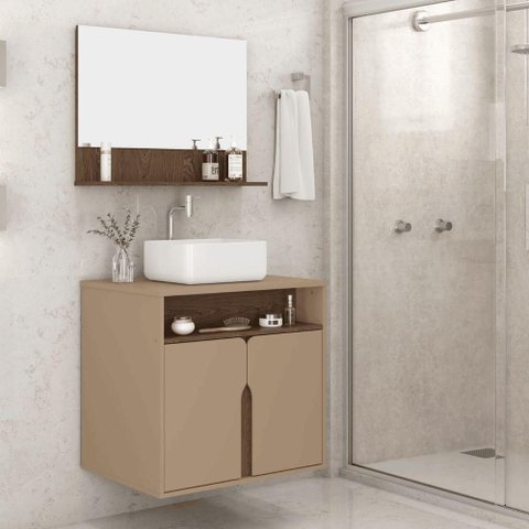 Kit Banheiro com Gabinete e Espelho Benício 2 Portas 2 Prateleiras MDP 60cm Fendi Carvalho Sal