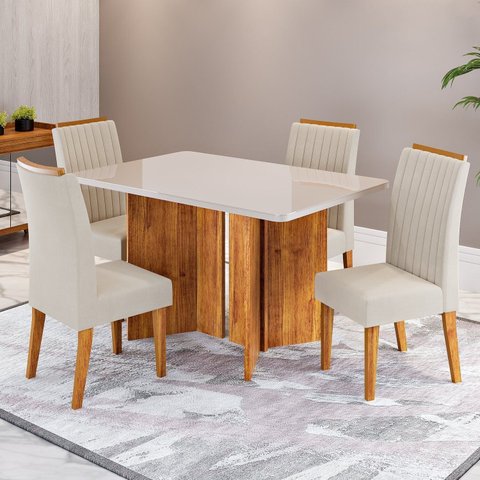 Conjunto Sala de Jantar 4 Lugares Retangular Tampo de Vidro e MDF Zambrone Yescasa Bege/Mel/Off White