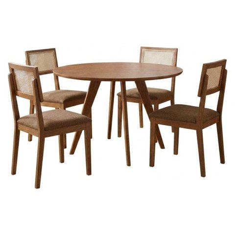 Mesa de Jantar Redonda Acerola com 4 Cadeiras Estofadas Palmas Corino Kaki Ornar