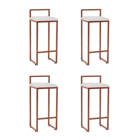 Kit 4 Banquetas Alta Em Aço Cobre Assento Branco Marrom
