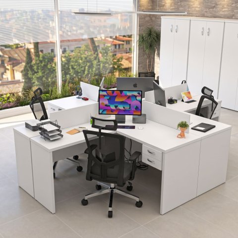 Conjunto Escrivaninha Mesa de Canto em L Ilha 4 Lugares Office Branco