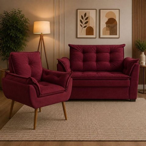 Sofá Conjunto Poltrona e Sofá Pequeno 2 Lugares 140cm Bordô Suede Porto Estofados