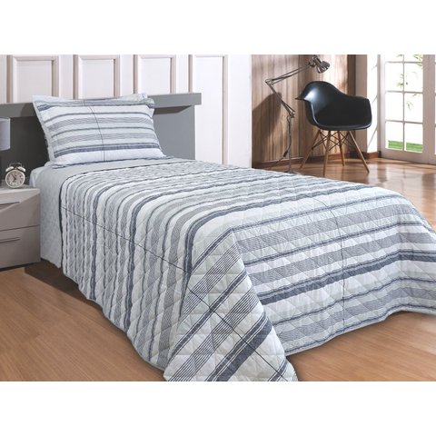 Kit Colcha Cobre Leito Solteiro 100% Algodão 300 Fios Listrado Matelado 2 Peças