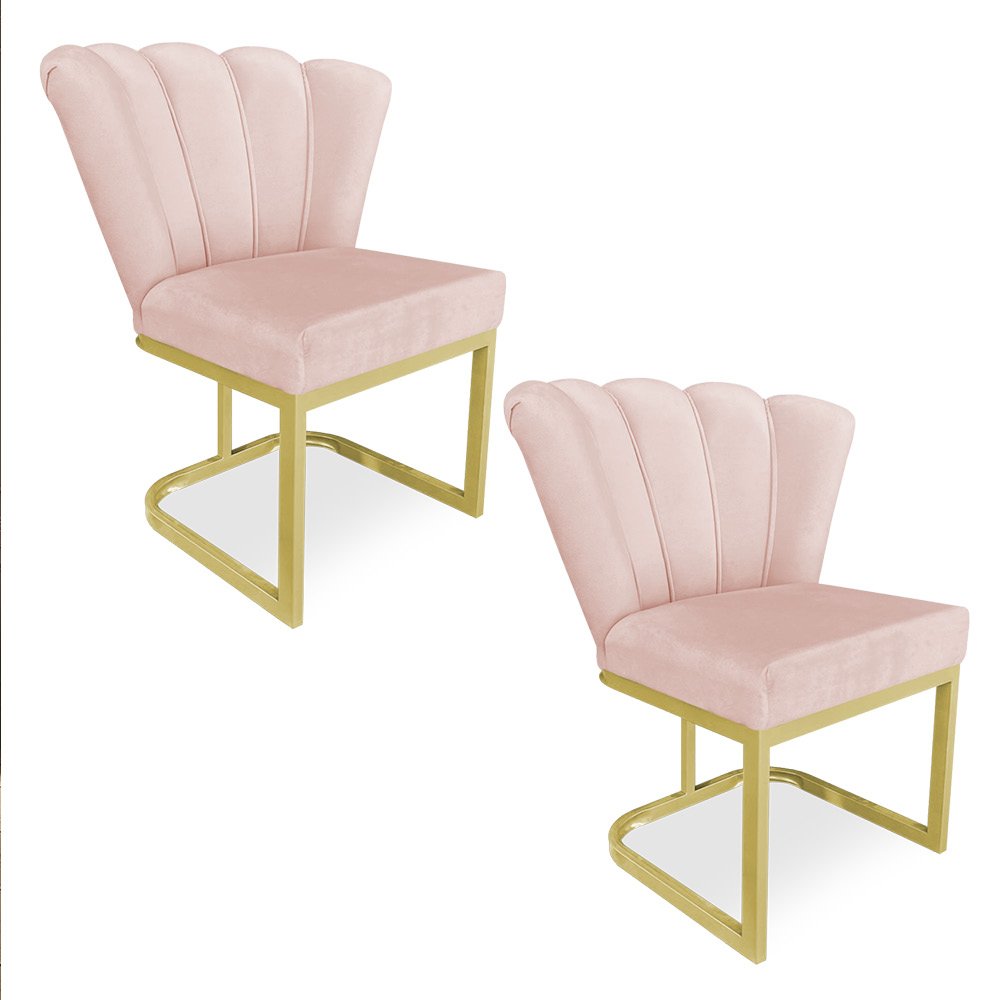 Kit 02 Poltronas Flor Veludo Base Metálica Industrial Dourado - Pallazio Rosa Bebê