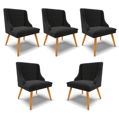 Kit 5 Cadeiras Decorativas Sala de Jantar Pés Palito de Madeira Firenze Suede Preto/Natural G19 - Gr