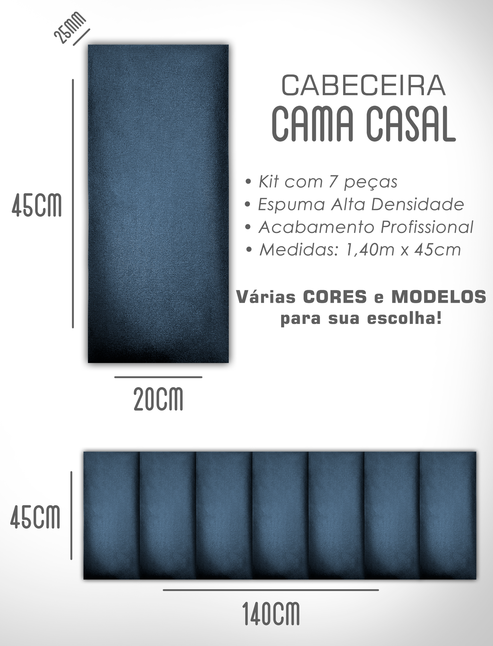 Cabeceira de Cama Box Solteiro Casal Queen King Estofada Modular 45x20cm - 5