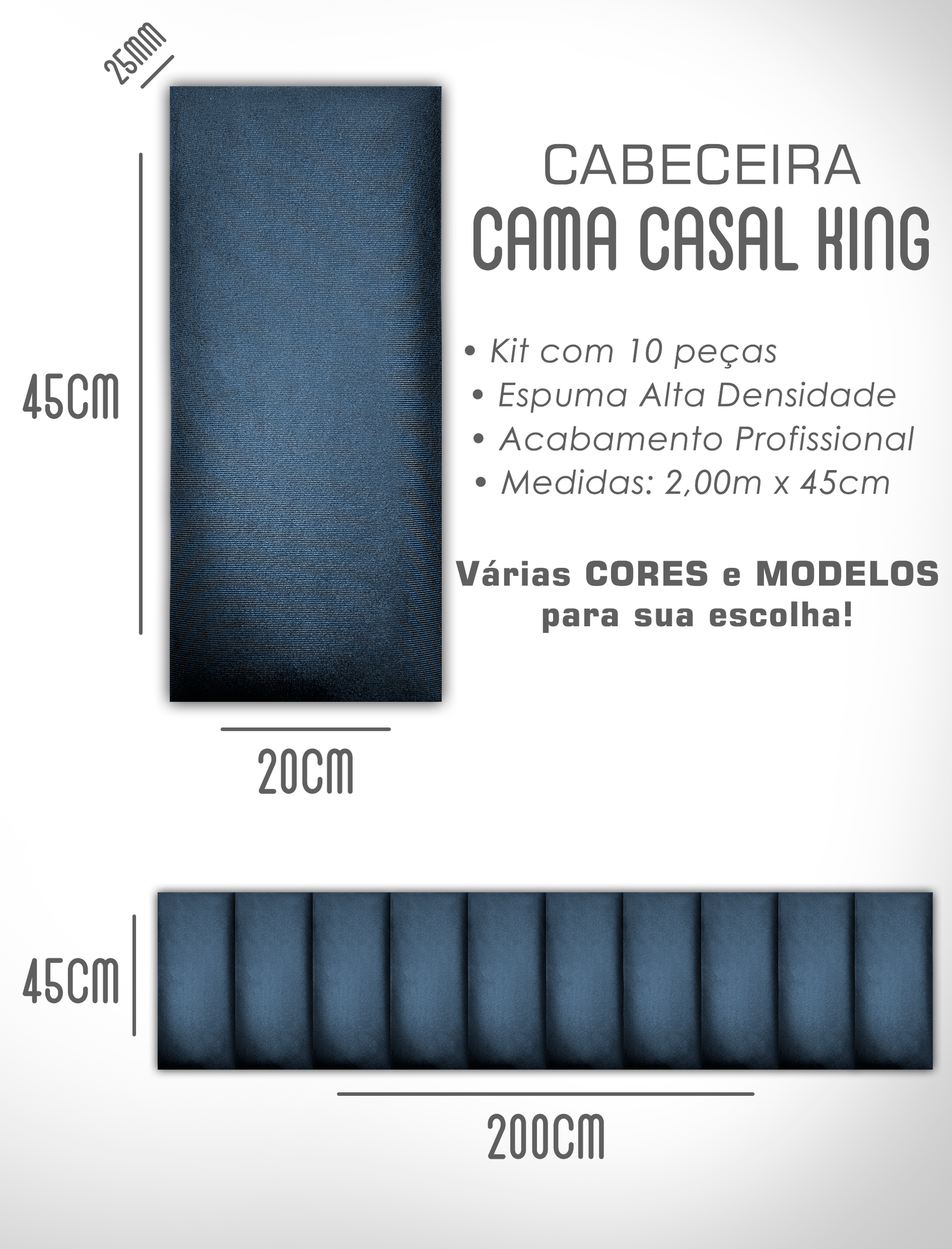 Cabeceira de Cama Box Solteiro Casal Queen King Estofada Modular 45x20cm - 7