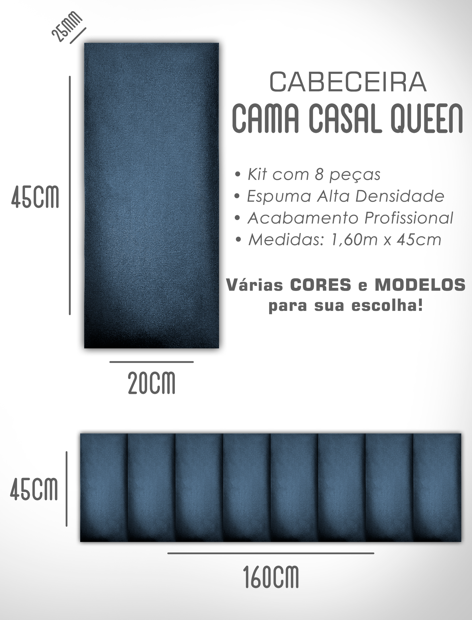 Cabeceira de Cama Box Solteiro Casal Queen King Estofada Modular 45x20cm - 6