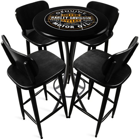 Conjunto Mesa Madeira Azulejo 60cm - Bistrô Fixa 98cm + 4 Banquetas 73 - Preta - Harley Davidson Genuine