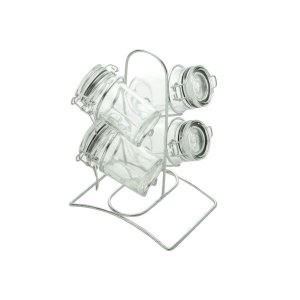 PORTA TEMPEROS 4 PEÇAS DE VIDRO TAMPA HERMÉTICA E SUPORTE CROMADO 200ML - LYOR 7087