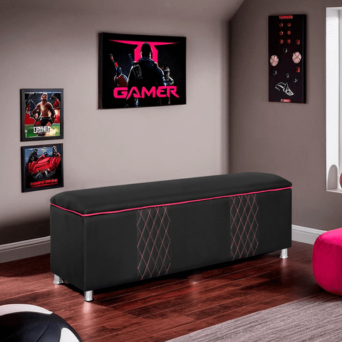 Baú Organizador Fighter para Quarto Gamer 90 Cm Corino:preto e Pink