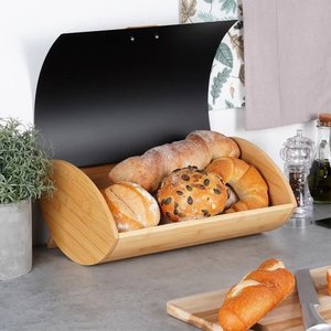 Porta Pão Retrátil em Metal Preto com Tampa Bambu 35cm