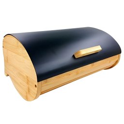 Porta Pão Retrátil em Metal Preto com Tampa Bambu 35cm - 3