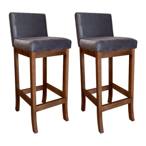 Kit 2 Banquetas Alta Estofada para Bancada Gourmet 38x100 cm Espanha Madeira Castanho Suede Cinza Cc