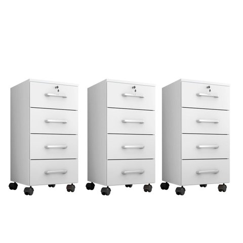 Kit 3 Gaveteiros para Escritório com Chave e Rodízios 4 Gavetas Gávea Branco