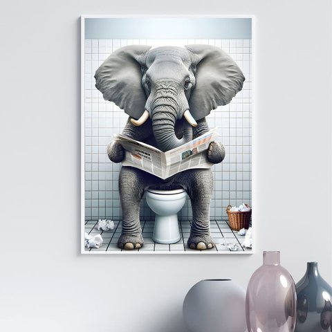 Quadro Divertido Banheiro - Elefante 24x18cm - com Vidro:moldura Preta