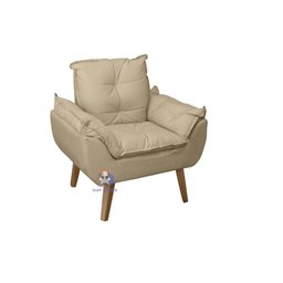 Poltrona/cadeira Decorativa e Puff Glamour Opala com Pés Quadrado Bege Linho - 2