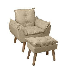 Poltrona/cadeira Decorativa e Puff Glamour Opala com Pés Quadrado Bege Linho