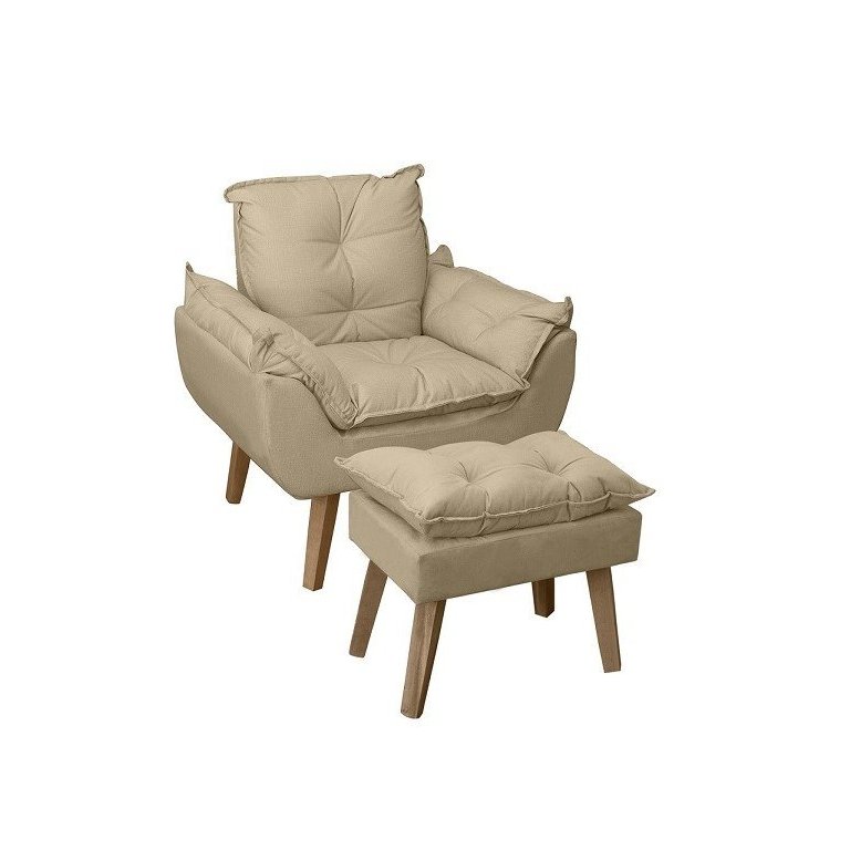 Poltrona/cadeira Decorativa e Puff Glamour Opala com Pés Quadrado Bege Linho