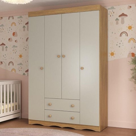 Guarda-roupa Infantil 122cm 4 Portas e 2 Gavetas Realeza Multimóveis Mp4453 Madeirado/off White