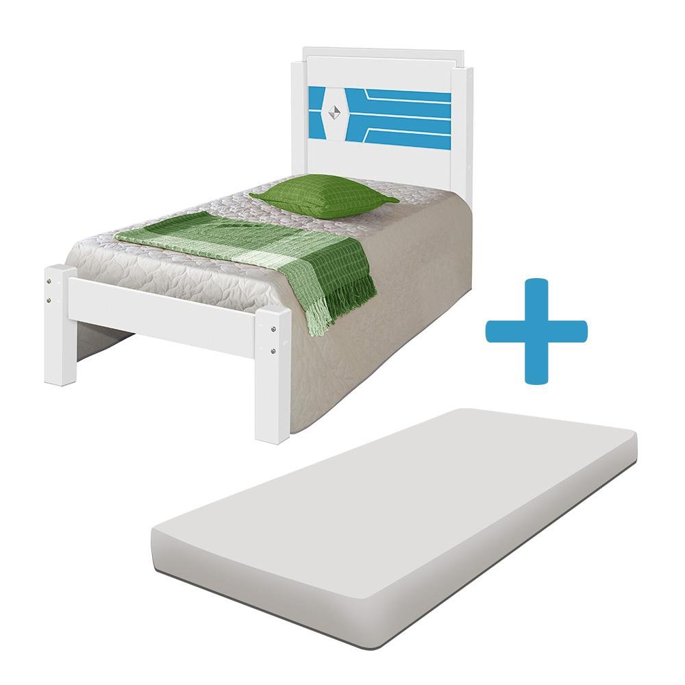 Cama Solteiro Reforçada Em MDF Com Colchão Livia Branco E Azul Carmolar - 2