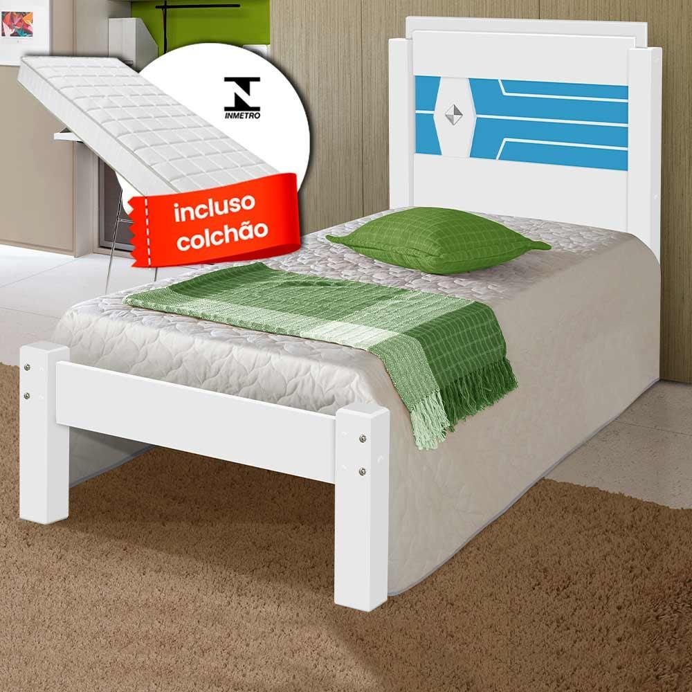 Cama Solteiro Reforçada Em MDF Com Colchão Livia Branco E Azul Carmolar - 1