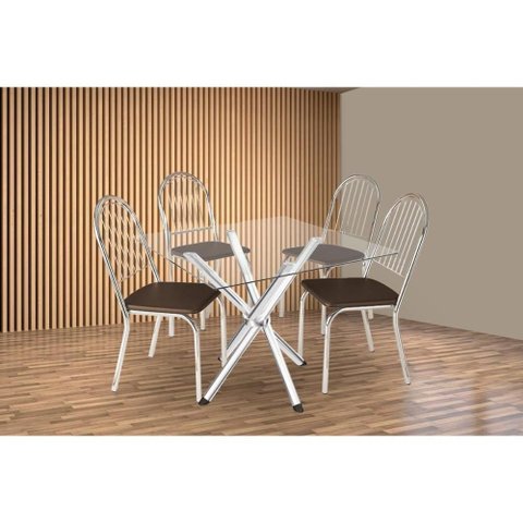 Conjunto: Mesa Sala Jantar Volga C/ Tampo de Vidro 90cm e 4 Cadeiras Noruega Cromada - Courano