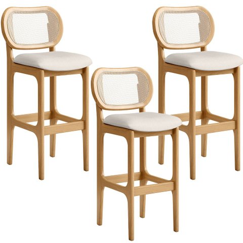 Kit 03 Banquetas Altas Para Cozinha Bancada Sala Tela Betta Fixa L02 Linho Cru - Lyam Decor