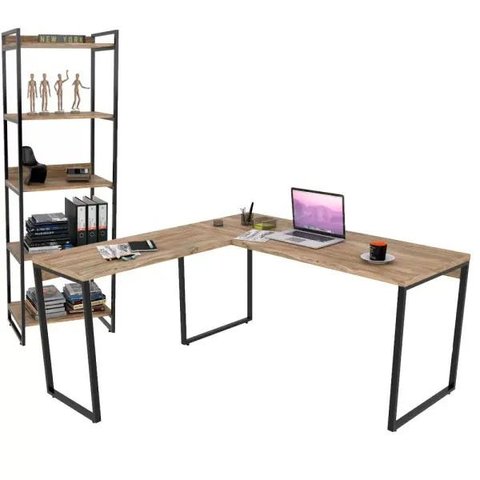 Kit Mesa De Escritório Industrial em L com Estante 5 Prateleiras Form 150x150 Carvalho - Lyam