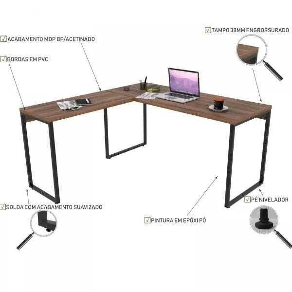 Mesa para Escritório Home Office Estilo Industrial em L Form 150x150cm - Lyam Decor - 3