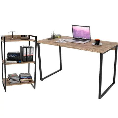Kit Mesa para Escritório com Estante Office Estilo Industrial Form 120cm Carvalho - Lyam Decor