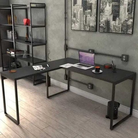 Kit Mesa Para Escritório Industrial em L com 2 Estantes com 5 Prateleiras Form Preto - Lyam Decor