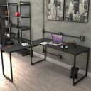 Ver imagem 1 de Kit Mesa Para Escritório Industrial em L com 2 Estantes com 5 Prateleiras Form Preto - Lyam Decor