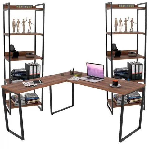 Kit Mesa Para Escritório Industrial em L com 2 Estantes com 5 Prateleiras Form Nogal - Lyam Decor