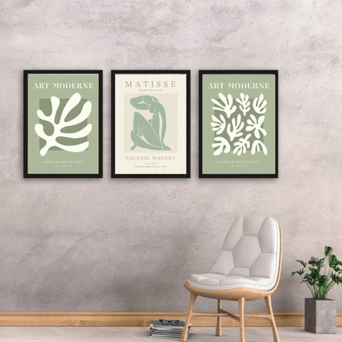 Kit 3 Quadros Arte Moderna Matisse Verde 33x24cm - com Vidro:moldura Branca