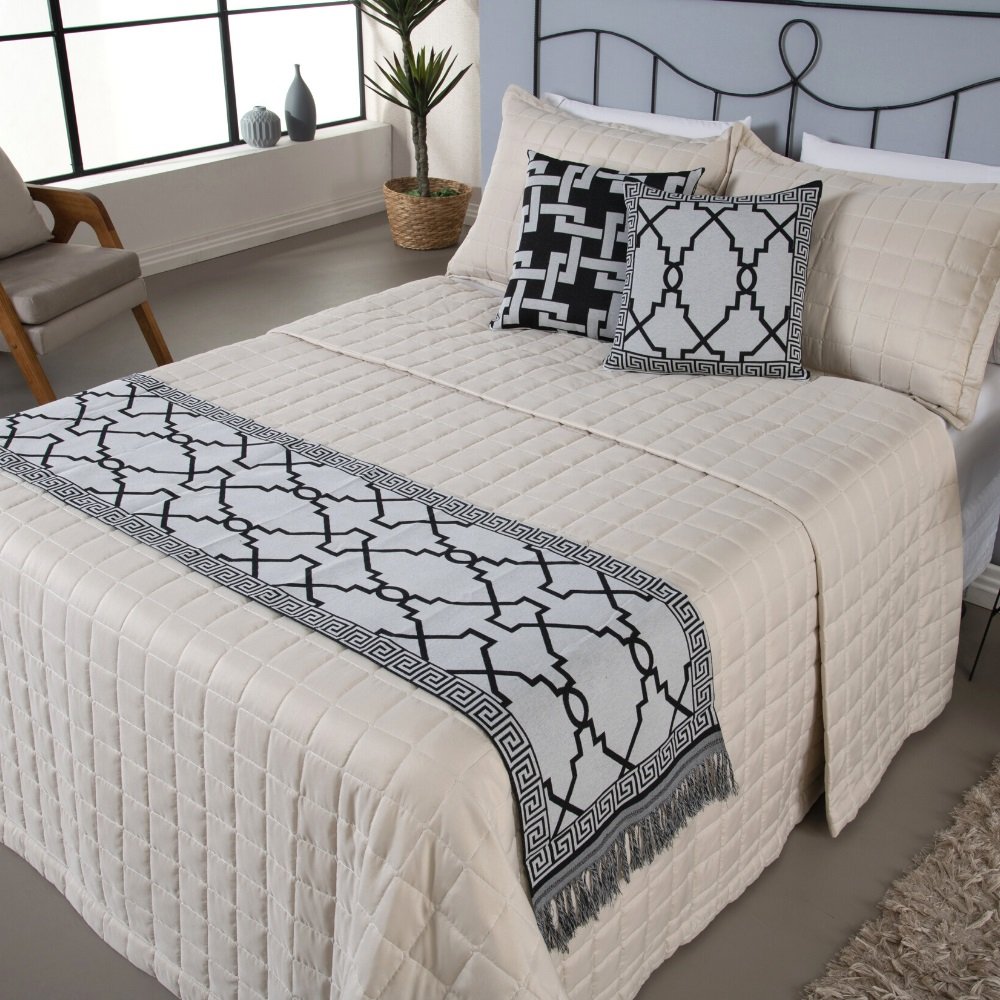Kit Peseira Grécia 5 Peças Queen Tecido Jacquard Acompanha Almofadas Cheias:preto