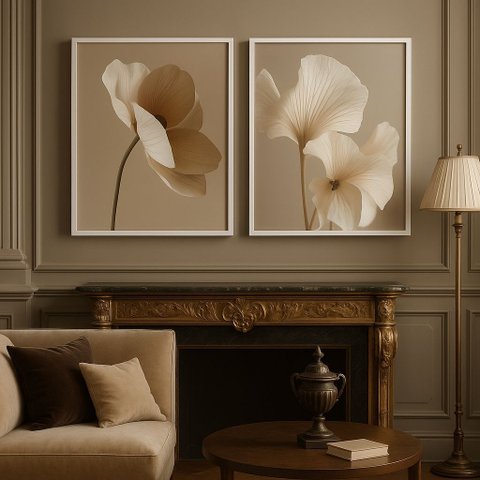 Kit 2 Quadros Flores Sofisticadas Elegantes Bege Cinza 24x18cm - com Vidro:moldura Branca