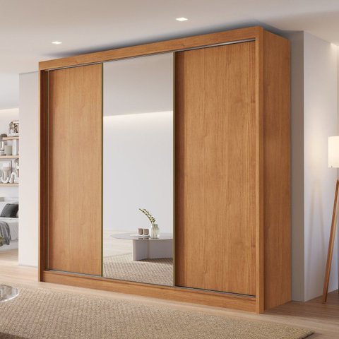 Guarda-Roupa Casal 100% MDF com Espelho 3 Portas de Correr 6 Gavetas Siena Marrom/Cinamomo