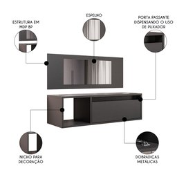 Penteadeira Camarim com Espelho Suspensa 90cm 1 Porta Elle M24 Preto - Mpozenato - 3