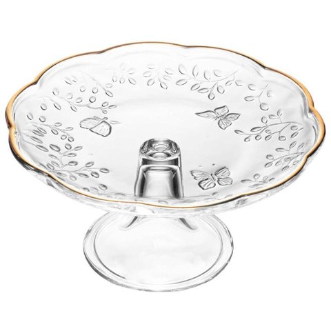 Boleira com Pé Vidro Cristal Prato para Bolo Redondo 19cm Lyor New Butterfly Fio de Ouro