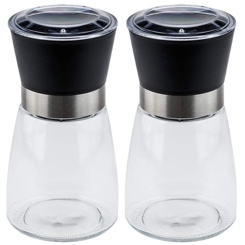 Kit 2 Moedores de Temperos 170ml Lyor em Vidro com Moinhos de Cerâmica e Tampas Pretas